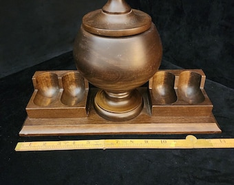 Vintage Wood Carved Four Pipe Holder with Humidor Container