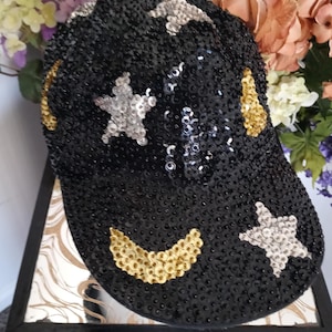 Sequined Baseball Cap Sequined Women Accessories Vintage Clothing Women Fashion Sequin Cap Stars and Moon Sequin Design Unique Hat Vintage