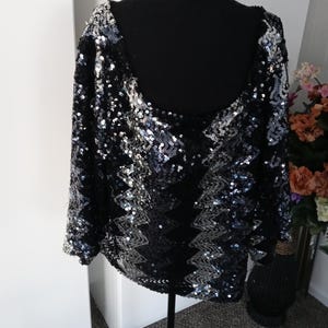Sequined Blouse Sequined Drop Neck Blouse  Sequin On Silk Sequin Top Women Accessories Rare Black and Silver Sequin V-Neck Sequin Top