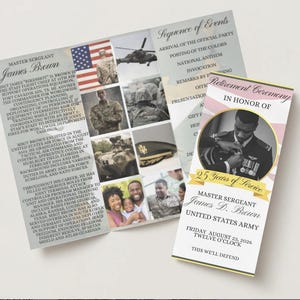 May include: A tri-fold retirement ceremony program for Master Sergeant James D. Brown, featuring a photo collage with military images and text. The program includes details of the event, date, and a photo of the honoree.