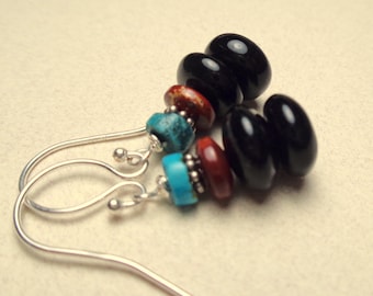 Black Obsidian Mahogany Obsidian Earrings - Turquoise Earrings - Dangle Earrings - Natural Stone Earrings - Gemstone Stack Earrings