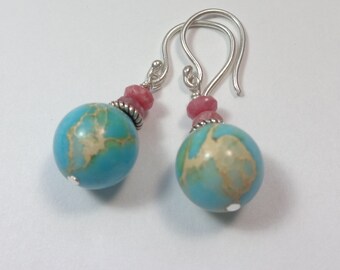 Snakeskin Jasper Earrings - Rhodonite Earrings - Handmade Stone Jewelry - Aqua Blue Pale Pink - Dangle Earrings