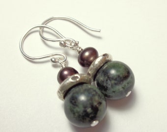 Kambala Jasper Earrings - Brown Pearl Earrings - Natural Stone Jewelry - Green Earrings -  Gifts for Her - Handmade Dangle Earrings