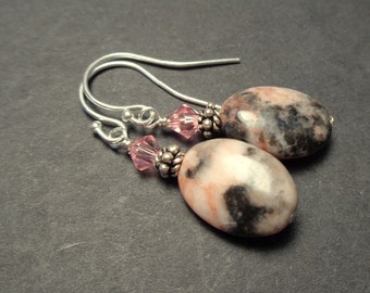 Gray Pink  Earrings - Porcelain Jasper Earrings - Pink Swavorski Element - Dangle Earrings - Natural Stone Jewelry - Gift under 30