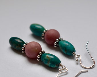 Genuine Turquoise Earrings - Rhodonite Earrings - Natural Stone Jewelry - Handmade Dangle Earrings - Made in Montana - Earthy Neutral - Boho