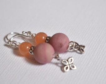 Genuine Rhodonite Earrings - Natural Stone Jewelry - Handmade Dangle Earrings - Made in Montana - Earthy Neutral - Boho - Peach Quartz