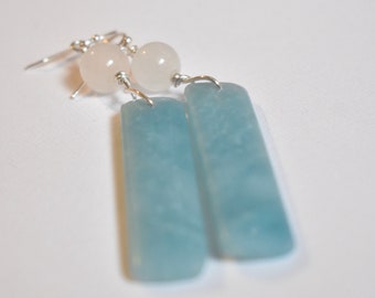Brazilian AmazonIte Earrings - Long Dangle Earrings - Natural Stone Jewelry - Boho Earrings - Turquoise Teal Blue- White Quartz Earrings