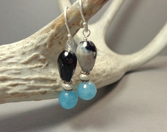 Agate Earrings - Aqua Quartz - Cream Off White Black Earrings - Natural Stone Jewelry - Aqua Blue - Dangle Earrings - Gifts for Her