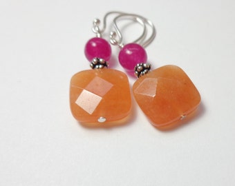Red Aventurine Earrings - Orange Hot Pink Fuchsia - Natural Stone Jewelry - Orange Stone Jewelry - Gifts for Her - Dangle Earrings
