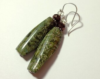 Camo Jasper Earrings - Natural Stone Jewelry - Brown Green Earrings - Handmade - Australian Jasper -  Long Dangle