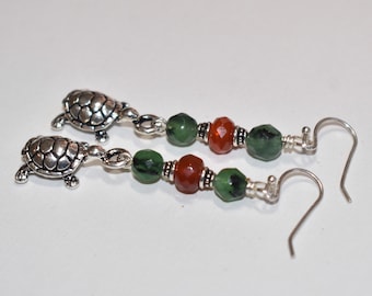 Emerald Earrings - Carnelian Earrings - Green Rust - Natural Stone Jewelry - Long Dangle -  Turtle Lover Gift - Earthy Earrings