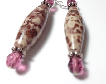 Long Painted Jasper Earrings - Mauve Marsala Burgundy Earrings - Natural Stone Jewelry - Funky Boho Earrings