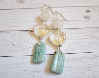 AmazonIte Earrings - Long Dangle Earrings - Natural Stone Jewelry - Citrine - Boho Earrings - Turquoise Teal Blue- White Quartz Earrings