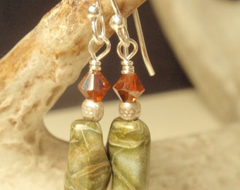 Rhyolite Earrings - Green Earrings - Earthy Neutral Earrings -  Petite Dangle Earrings - Natural Stone Jewelry