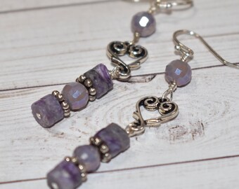Charoite Earrings - Purple Stone Earrings - Natural Stone Jewelry - Dangle Earrings  - Heart Earrings - Purple Earrings - Gift for Her
