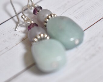 Amazonite Earrings -  Lavender Adventurine Earrings - Dangle Earrings - Pastel  Earrings -Lavender Aqua Earrings - Natural Stone Jewelry