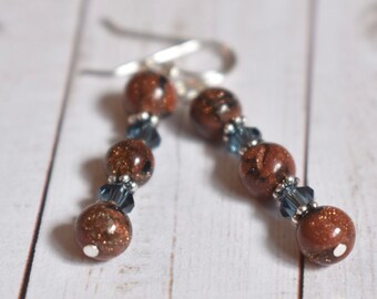 Blue Goldstone Earrings - Dangle Earrings - Sparkly Earrings - Denim Blue Earrings - Natural Stone Jewelry - Boho Jewelry
