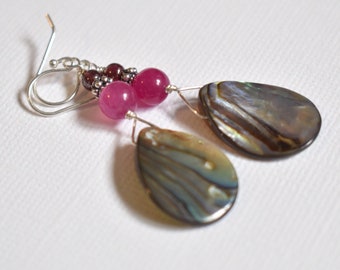 Abalone Earrings - Paua Shell Jewelry - Garnet Earrings - Handmade Earrings - Long Dangle Earrings - Natural Stone - Hot Pink Quartz