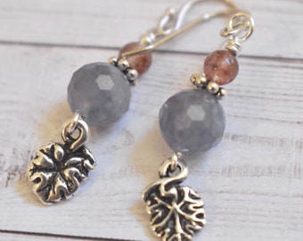 Iolite Earrings  - Dainty Dangle Earrings - Silver Leaves - Leaf Earrings -  Natural Stone Jewelry - Handmade Gift for Her