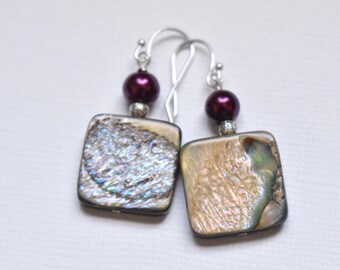 Abalone Earrings - Paua Shell Jewelry  - Handmade Earrings - Dangle Earrings - Natural Stone - Purple Magenta Glass Pearl