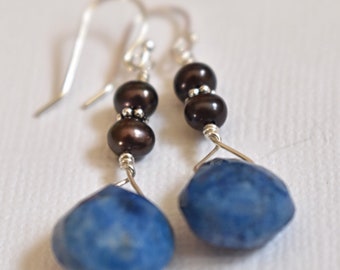 Denim Lapis Earrings - Brown Pearl Earrings - Natural Stone Jewelry - Long Dangle Earrings - Blue Brown Earring - Semi-Precious Gemstone