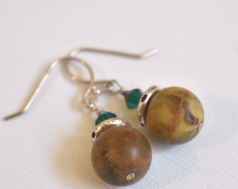 Matte Rhyolite Earrings - Swarovski Elements Earrings - Dangle Earrings - Natural Stone Jewelry - Green Brown Earrings - Emerald Crystal