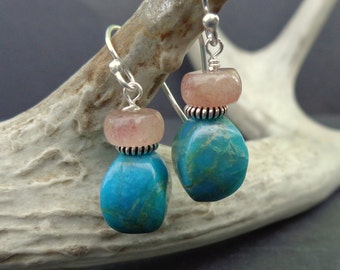 Genuine Turquoise Earrings  - Muscovite Earrings - Turquoise Pink Earrings - Natural Stone Jewelry - Dangle -Earthy Earrings-