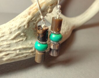 Montana Petrified Wood Earrings - Turquoise Earrings - Brown Earrings - Natural Stone Jewelry -  Dangle - Fossil Earrings