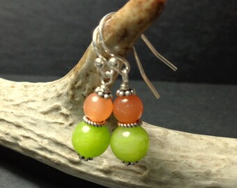 Lime Green Earrings - Orange Quartz Earrings - Dangle Earring - Handmade Stone Jewelry - Neon Green Peach - Springtime - Gifts for Her