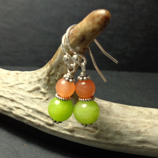 Lime Green Earrings - Orange Quartz Earrings - Dangle Earring - Handmade Stone Jewelry - Neon Green Peach - Springtime - Gifts for Her