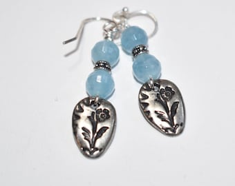 Angelite Earrings  - Dainty Dangle Earrings - Flower Charm - Flower Earrings -  Natural Stone Jewelry - Stocking Stuffer - Silver Earrings