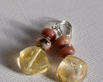 Citrine Earrings - Pink Peruvian Opal Earrings - Dangle Earrings - Natural Stone Jewelry - Pink Yellow Earrings - Gemstone Earrings