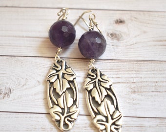Silver Earrings- Amethyst Earrings - Long Dangle Earrings - Natural Stone Jewelry - Boho Earrings - Purple Earrings - Leaf Charm Earrings