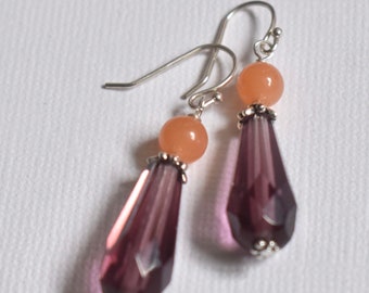 Purple Glass Earrings - Peach Quartz Earrings  - Glass Bead Jewelry - Orange Stone Jewelry - Dangle Earrings- Boho Glass