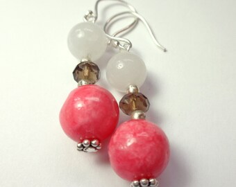 Pink Earrings - Pink White Gray Earrings - Smokey Quartz Earrings - Handmade Stone Jewelry - Dangle Earrings - Pink Jewelry