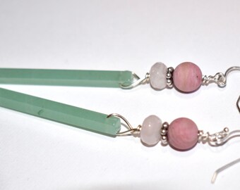 Adventurine Earrings  - Green Earrings - Stick Earrings - Long Dangle Earrings - Natural Stone Jewelry - Handmade - Green Pink - Boho
