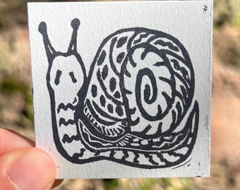 Very Tiny Snail Linocut Print, 2x2 inches