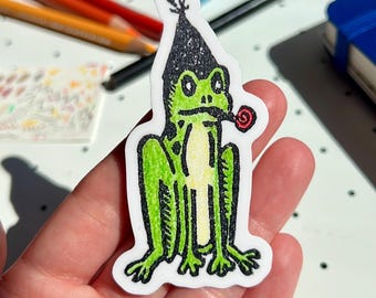 Frosch Aufkleber | Block-Print glänzend wasserfester Aufkleber, 3 x 1,5 Zoll