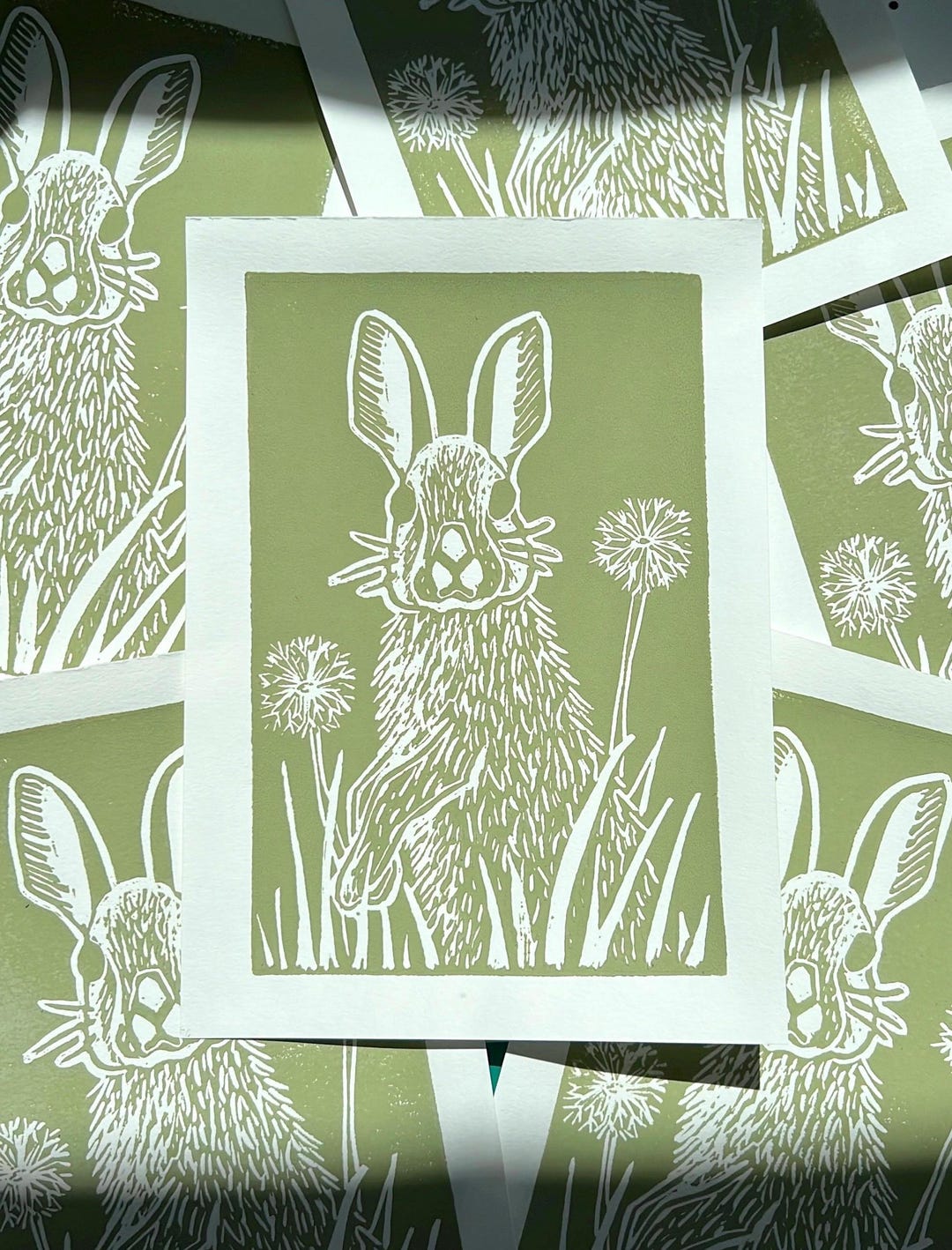 Linocut Rabbit Pattern Handmade Linocut Print: Bunny Rabbit With Dandelions, Sage Green Nature ...