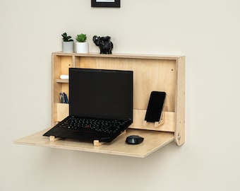 Bureau mural pliant avec rangement - Table escamotable pour les petits espaces - Fixation murale cachée