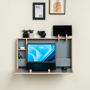 Space Saving Murphy Desk – Wall Mounted Folding Desk with Storage, Hidden Floating Wall Desk & Organizer Cabinet