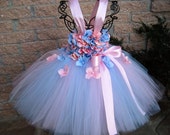 PINK BLUE FLOWERS, Pink Tutu Dress, Blue Tutu Dress, First Birthday Tutu, Baptism Gown, Flower Girl, Pageant Tutu Dress, Pink and Blue Dress
