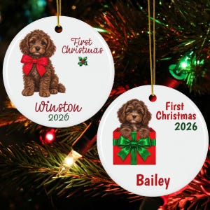 May include: Two round white ceramic ornaments featuring brown curly-haired puppies. One shows a puppy with a red bow, text reading First Christmas, Winston, and 2026. The other shows a puppy in a red gift box with a green bow, text reading First Christmas, 2026, and Bailey.