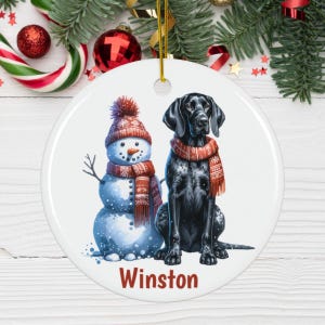 May include: A round, white Christmas ornament featuring a snowman and a black dog, both wearing red and white patterned scarves and hats. The dog's name, "Winston," is printed in red at the bottom. The ornament has a gold string for hanging.