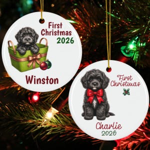 May include: Two white ceramic Christmas ornaments with gold hanging strings. One features a black puppy in a green basket with the text "First Christmas 2026" and "Winston". The other shows a black puppy with a red bow and the text "First Christmas" and "Charlie 2020".