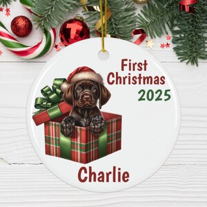 May include: A white ceramic Christmas ornament featuring a brown puppy wearing a Santa hat, emerging from a red and green gift box. The text "First Christmas 2025" and the name "Charlie" are printed on the ornament.