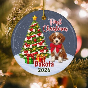 May include: A round ceramic ornament featuring a brown and white puppy with a red bow, a Christmas tree decorated with bone-shaped ornaments, and wrapped gifts. The text reads First Christmas, Dakota, and 2026 against a dark blue snowy background.