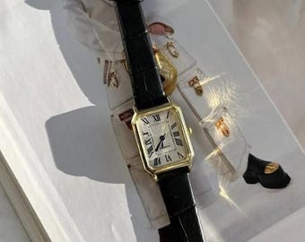 Women's Wristwatch, Square Retro Women's Watch, Silver Color, Gold Color Women's Watch, White Design Dial, Black Leather Strap Women's Watch