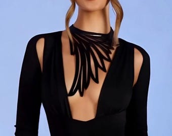 Laser Cut Wing Detailed Choker, Leather Necklace