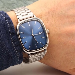 Rectangular Design Men's Watch with Calendar Color Men's Wristwatch, Steel Vintage Women's Wristwatch, Silver Color Strap Men's Wristwatch